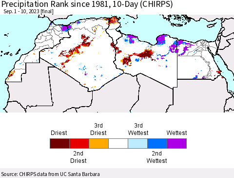 North Africa Precipitation Rank since 1981, 10-Day (CHIRPS) Thematic Map For 9/1/2023 - 9/10/2023
