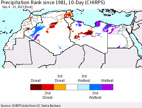 North Africa Precipitation Rank since 1981, 10-Day (CHIRPS) Thematic Map For 9/6/2023 - 9/15/2023