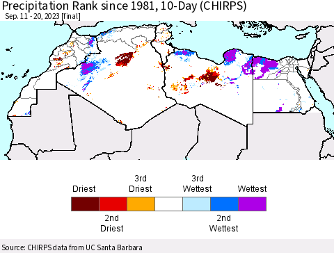 North Africa Precipitation Rank since 1981, 10-Day (CHIRPS) Thematic Map For 9/11/2023 - 9/20/2023