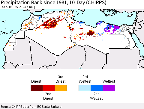 North Africa Precipitation Rank since 1981, 10-Day (CHIRPS) Thematic Map For 9/16/2023 - 9/25/2023