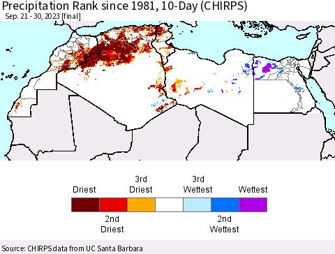 North Africa Precipitation Rank since 1981, 10-Day (CHIRPS) Thematic Map For 9/21/2023 - 9/30/2023