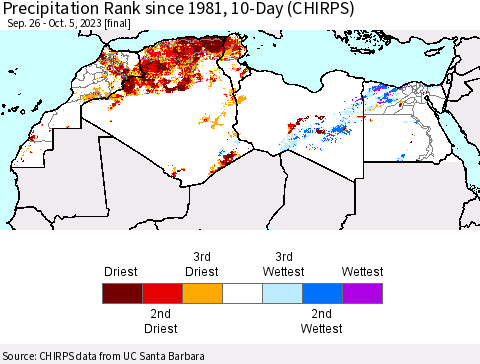 North Africa Precipitation Rank since 1981, 10-Day (CHIRPS) Thematic Map For 9/26/2023 - 10/5/2023