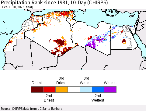 North Africa Precipitation Rank since 1981, 10-Day (CHIRPS) Thematic Map For 10/1/2023 - 10/10/2023