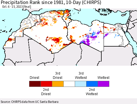 North Africa Precipitation Rank since 1981, 10-Day (CHIRPS) Thematic Map For 10/6/2023 - 10/15/2023