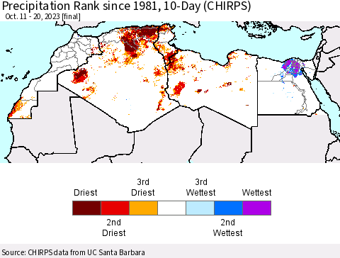 North Africa Precipitation Rank since 1981, 10-Day (CHIRPS) Thematic Map For 10/11/2023 - 10/20/2023