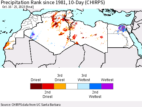 North Africa Precipitation Rank since 1981, 10-Day (CHIRPS) Thematic Map For 10/16/2023 - 10/25/2023