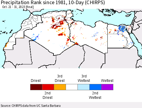 North Africa Precipitation Rank since 1981, 10-Day (CHIRPS) Thematic Map For 10/21/2023 - 10/31/2023