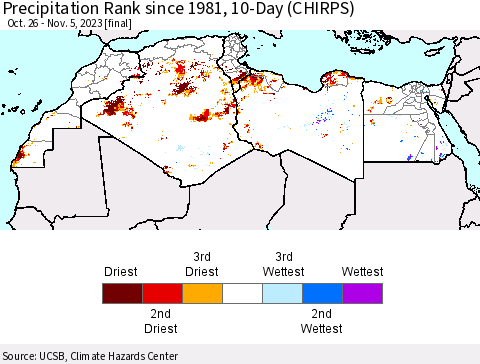 North Africa Precipitation Rank since 1981, 10-Day (CHIRPS) Thematic Map For 10/26/2023 - 11/5/2023