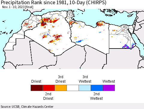 North Africa Precipitation Rank since 1981, 10-Day (CHIRPS) Thematic Map For 11/1/2023 - 11/10/2023