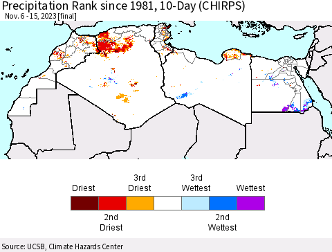 North Africa Precipitation Rank since 1981, 10-Day (CHIRPS) Thematic Map For 11/6/2023 - 11/15/2023