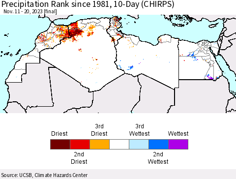 North Africa Precipitation Rank since 1981, 10-Day (CHIRPS) Thematic Map For 11/11/2023 - 11/20/2023