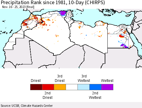 North Africa Precipitation Rank since 1981, 10-Day (CHIRPS) Thematic Map For 11/16/2023 - 11/25/2023