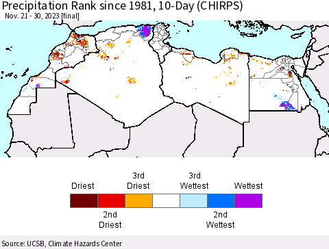 North Africa Precipitation Rank since 1981, 10-Day (CHIRPS) Thematic Map For 11/21/2023 - 11/30/2023