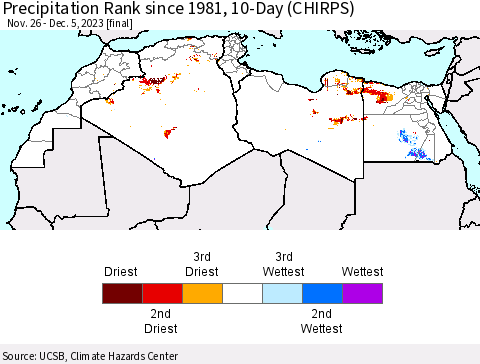 North Africa Precipitation Rank since 1981, 10-Day (CHIRPS) Thematic Map For 11/26/2023 - 12/5/2023