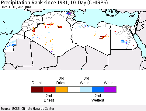 North Africa Precipitation Rank since 1981, 10-Day (CHIRPS) Thematic Map For 12/1/2023 - 12/10/2023
