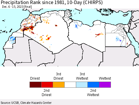 North Africa Precipitation Rank since 1981, 10-Day (CHIRPS) Thematic Map For 12/6/2023 - 12/15/2023