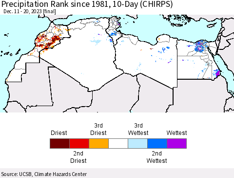 North Africa Precipitation Rank since 1981, 10-Day (CHIRPS) Thematic Map For 12/11/2023 - 12/20/2023