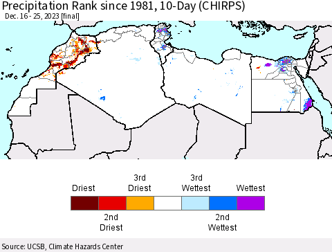 North Africa Precipitation Rank since 1981, 10-Day (CHIRPS) Thematic Map For 12/16/2023 - 12/25/2023