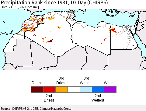 North Africa Precipitation Rank since 1981, 10-Day (CHIRPS) Thematic Map For 12/21/2023 - 12/31/2023
