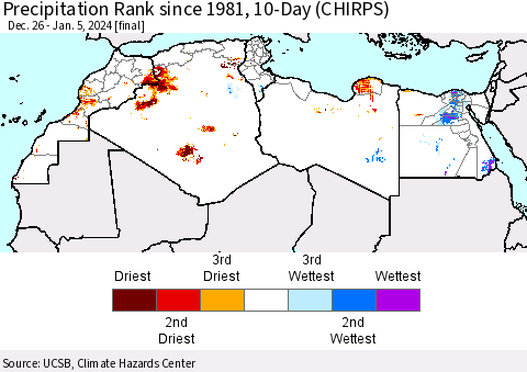 North Africa Precipitation Rank since 1981, 10-Day (CHIRPS) Thematic Map For 12/26/2023 - 1/5/2024