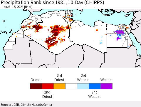 North Africa Precipitation Rank since 1981, 10-Day (CHIRPS) Thematic Map For 1/6/2024 - 1/15/2024