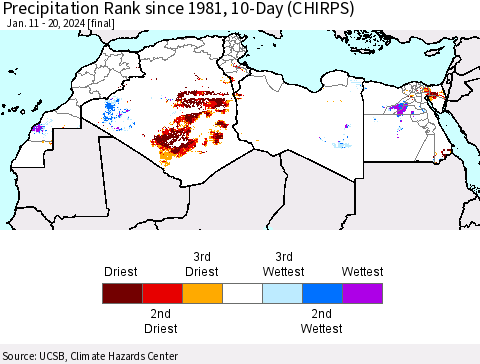 North Africa Precipitation Rank since 1981, 10-Day (CHIRPS) Thematic Map For 1/11/2024 - 1/20/2024
