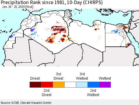 North Africa Precipitation Rank since 1981, 10-Day (CHIRPS) Thematic Map For 1/16/2024 - 1/25/2024