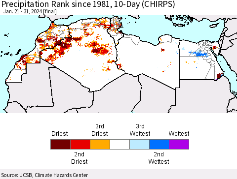 North Africa Precipitation Rank since 1981, 10-Day (CHIRPS) Thematic Map For 1/21/2024 - 1/31/2024