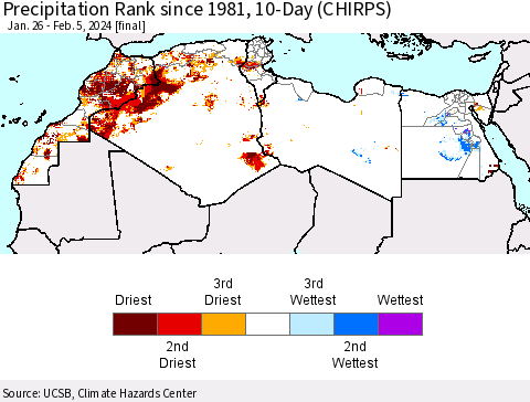 North Africa Precipitation Rank since 1981, 10-Day (CHIRPS) Thematic Map For 1/26/2024 - 2/5/2024