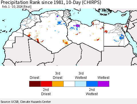 North Africa Precipitation Rank since 1981, 10-Day (CHIRPS) Thematic Map For 2/1/2024 - 2/10/2024