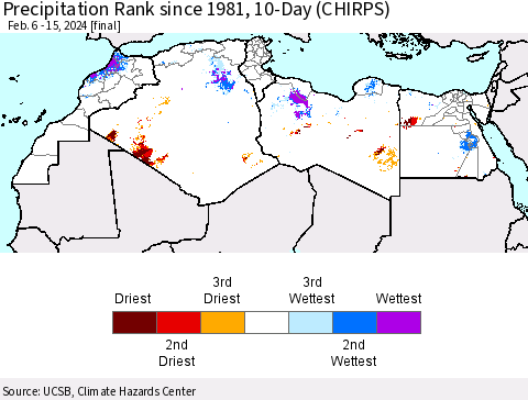 North Africa Precipitation Rank since 1981, 10-Day (CHIRPS) Thematic Map For 2/6/2024 - 2/15/2024