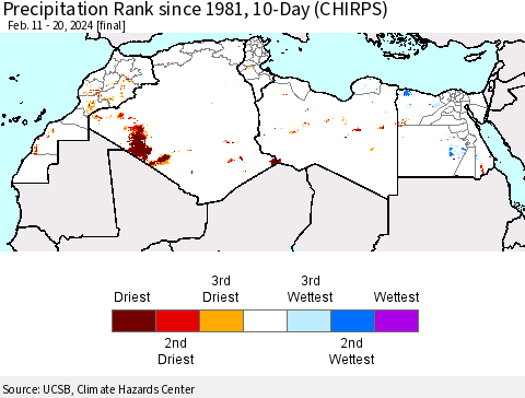 North Africa Precipitation Rank since 1981, 10-Day (CHIRPS) Thematic Map For 2/11/2024 - 2/20/2024