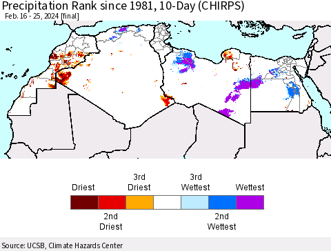 North Africa Precipitation Rank since 1981, 10-Day (CHIRPS) Thematic Map For 2/16/2024 - 2/25/2024