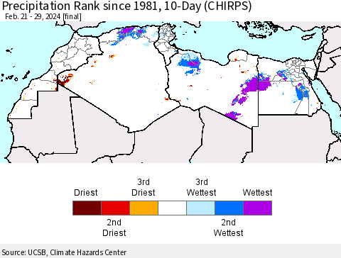 North Africa Precipitation Rank since 1981, 10-Day (CHIRPS) Thematic Map For 2/21/2024 - 2/29/2024