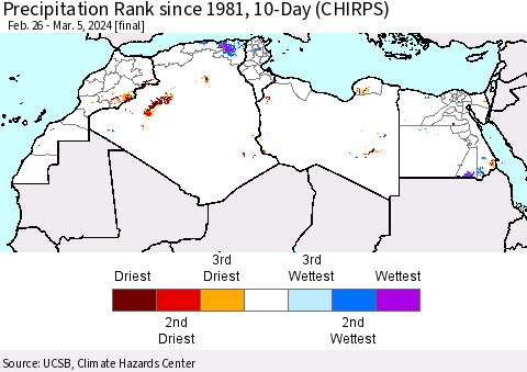 North Africa Precipitation Rank since 1981, 10-Day (CHIRPS) Thematic Map For 2/26/2024 - 3/5/2024