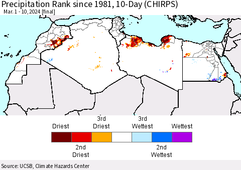 North Africa Precipitation Rank since 1981, 10-Day (CHIRPS) Thematic Map For 3/1/2024 - 3/10/2024