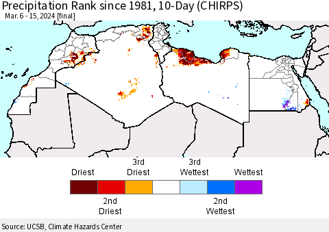 North Africa Precipitation Rank since 1981, 10-Day (CHIRPS) Thematic Map For 3/6/2024 - 3/15/2024
