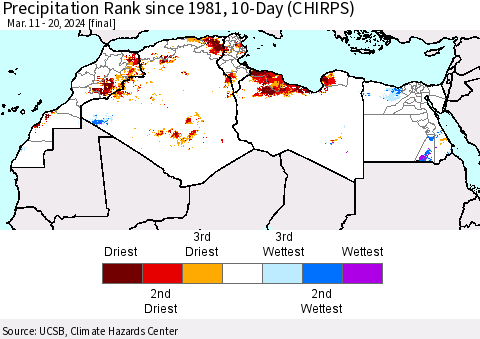 North Africa Precipitation Rank since 1981, 10-Day (CHIRPS) Thematic Map For 3/11/2024 - 3/20/2024