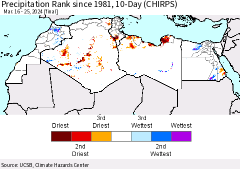 North Africa Precipitation Rank since 1981, 10-Day (CHIRPS) Thematic Map For 3/16/2024 - 3/25/2024