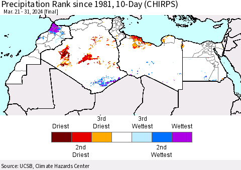 North Africa Precipitation Rank since 1981, 10-Day (CHIRPS) Thematic Map For 3/21/2024 - 3/31/2024