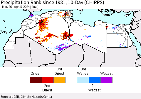 North Africa Precipitation Rank since 1981, 10-Day (CHIRPS) Thematic Map For 3/26/2024 - 4/5/2024