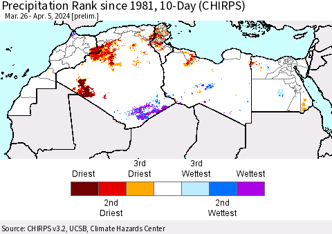 North Africa Precipitation Rank since 1981, 10-Day (CHIRPS) Thematic Map For 3/26/2024 - 4/5/2024