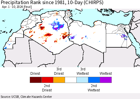 North Africa Precipitation Rank since 1981, 10-Day (CHIRPS) Thematic Map For 4/1/2024 - 4/10/2024