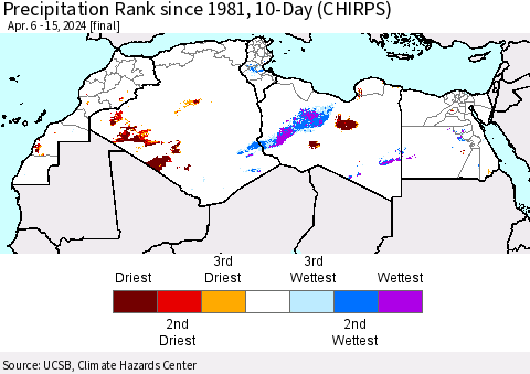 North Africa Precipitation Rank since 1981, 10-Day (CHIRPS) Thematic Map For 4/6/2024 - 4/15/2024