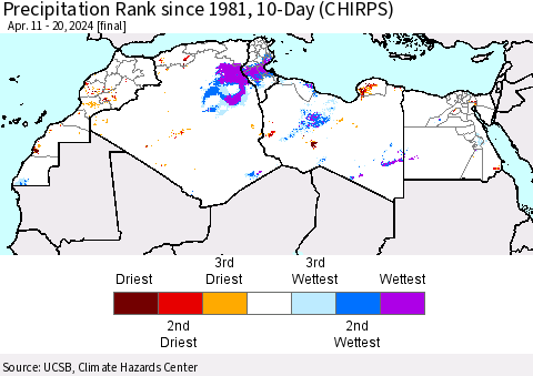 North Africa Precipitation Rank since 1981, 10-Day (CHIRPS) Thematic Map For 4/11/2024 - 4/20/2024
