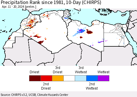 North Africa Precipitation Rank since 1981, 10-Day (CHIRPS) Thematic Map For 4/11/2024 - 4/20/2024