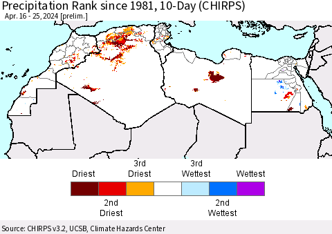 North Africa Precipitation Rank since 1981, 10-Day (CHIRPS) Thematic Map For 4/16/2024 - 4/25/2024