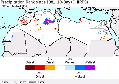 North Africa Precipitation Rank since 1981, 10-Day (CHIRPS) Thematic Map For 4/21/2024 - 4/30/2024