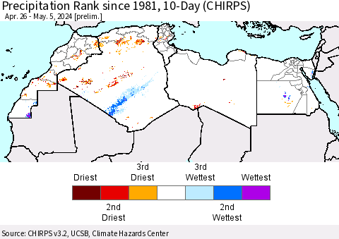 North Africa Precipitation Rank since 1981, 10-Day (CHIRPS) Thematic Map For 4/26/2024 - 5/5/2024