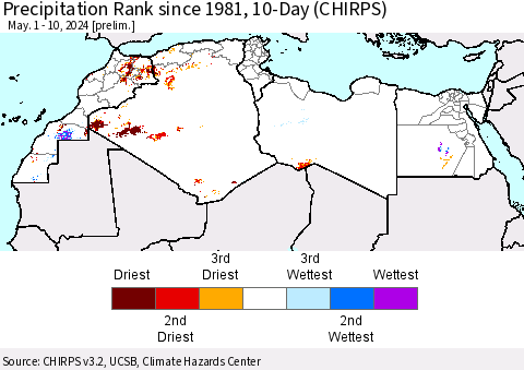 North Africa Precipitation Rank since 1981, 10-Day (CHIRPS) Thematic Map For 5/1/2024 - 5/10/2024